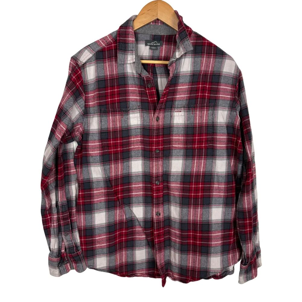 Eddie Bauer Red Gray Plaid Button Front Flannel Shirt Men’s Large